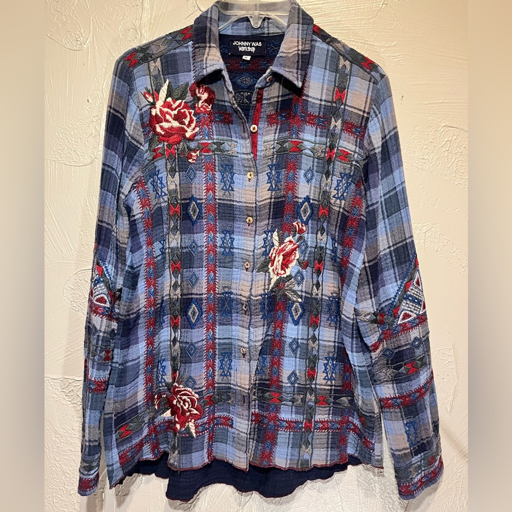 Johnny Was Multicolor Embroidered Plaid Shirt